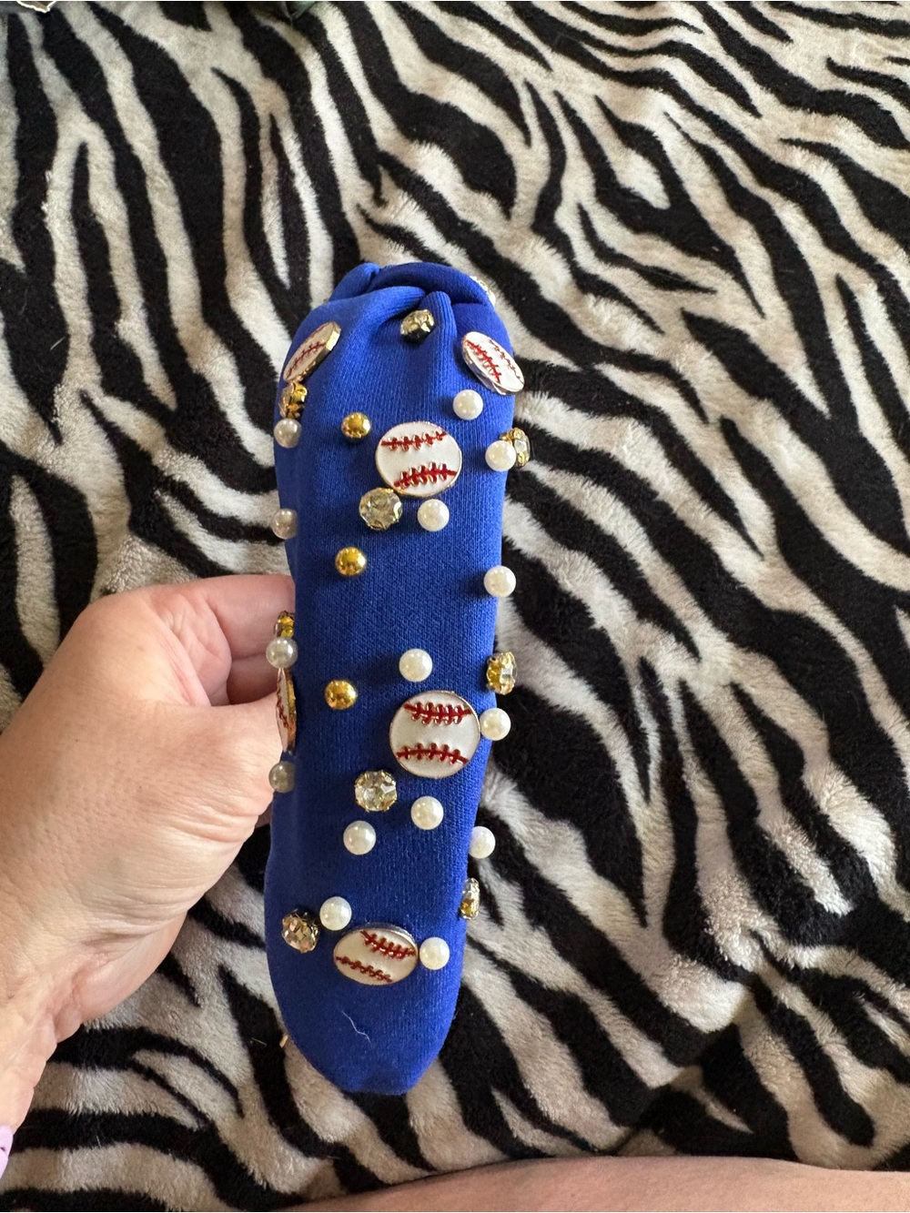 Blue Pearl & Baseball Gem Knotted Headband